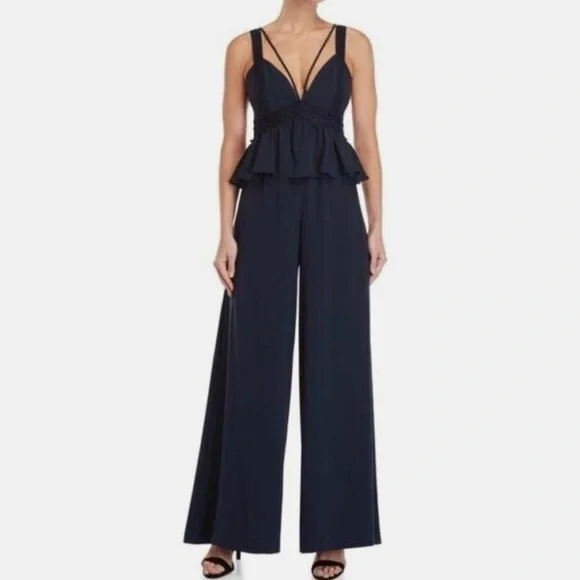 BCBGMAXAZRIA Navy Crepe Embroidered Peplum Jumpsuit - Picture 2 of 13